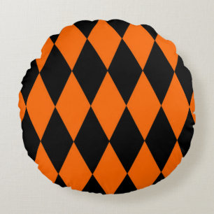 Orange Black Harlequin Diamonds Checkers Design  Round Pillow