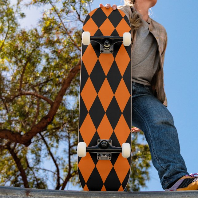 Orange Black Harlequin Diamonds Checkers Design  Skateboard (Creator Uploaded)