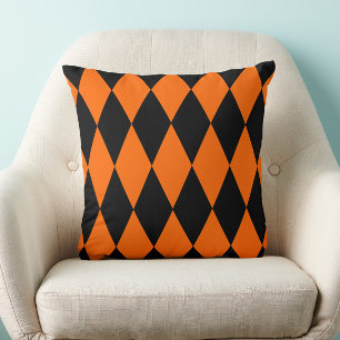 Orange Black Harlequin Diamonds Checkers Design  Throw Pillow