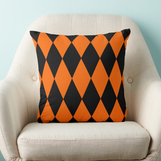 Orange Black Harlequin Diamonds Checkers Design  Throw Pillow (Creator Uploaded)
