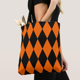 Orange Black Harlequin Diamonds Checkers Design  Tote Bag