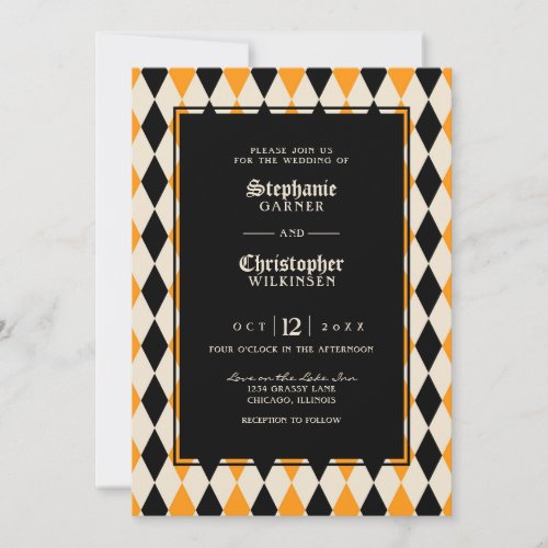 Orange Black Harlequin Halloween Wedding Invitation