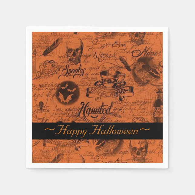 Orange & Black Haunted Halloween Napkins (Front)