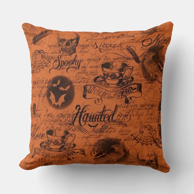 Orange & Black Haunted Halloween Throw Pillow (Front)