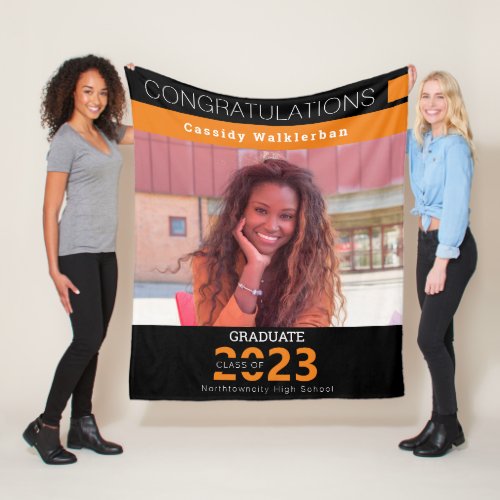 Orange Black Keepsake Photo Graduation Fleece Blanket