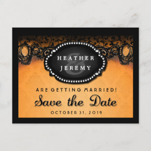 Orange & Black Lace Halloween Save Date PostCard