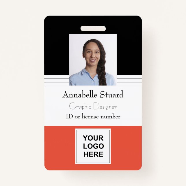 Orange Black Lined Name photo employee corporate Badge (Front)
