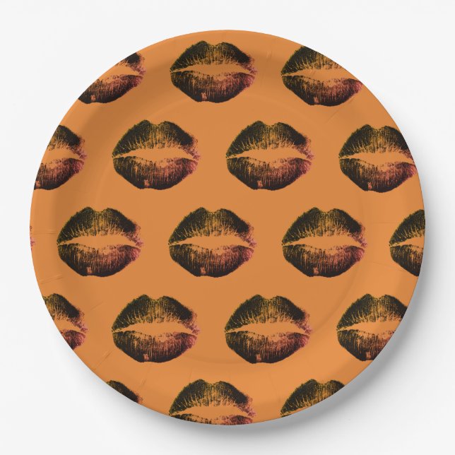 Orange Black Lips  Halloween party Paper Plates (Front)