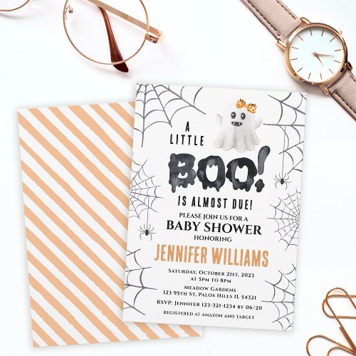 Orange black little boo ghost girl baby shower invitation