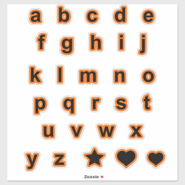 Orange Black Lower Case Text Letters Alphabet Sticker (Sheet)