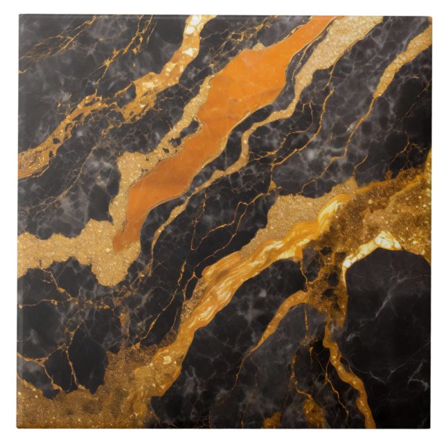 Orange Black Marble Pattern with Gold Ceramic Tile (Front)