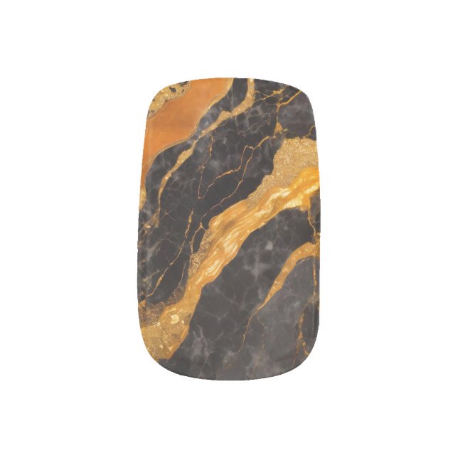 Orange Black Marble Pattern with Gold Minx Nail Art (Left Thumb)