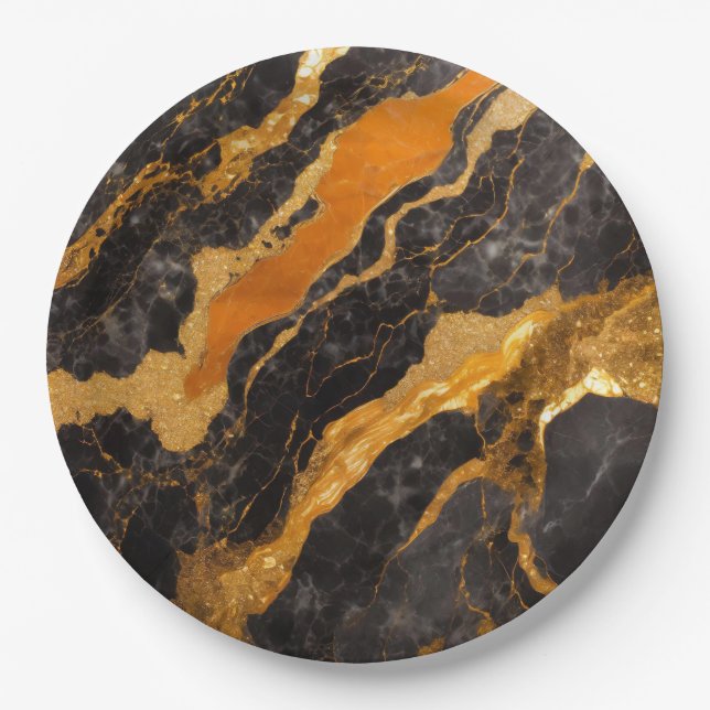 Orange Black Marble Pattern with Gold Paper Plates (Front)