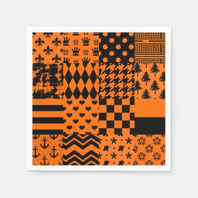 Orange Black Mixed Patterns Patchwork Design  Napkins (Front)