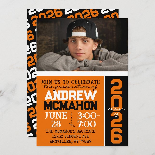 Orange & Black Modern Graduation Photo Invitation (Trendy Orange and Black Vertical 1 Photo Graduation Invitation)