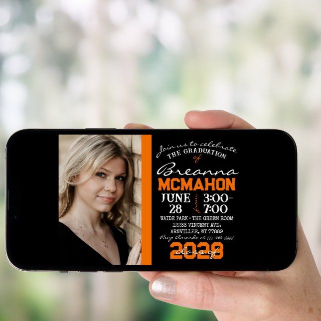 Orange & Black Modern Graduation Photo Invitation (Front Digital)
