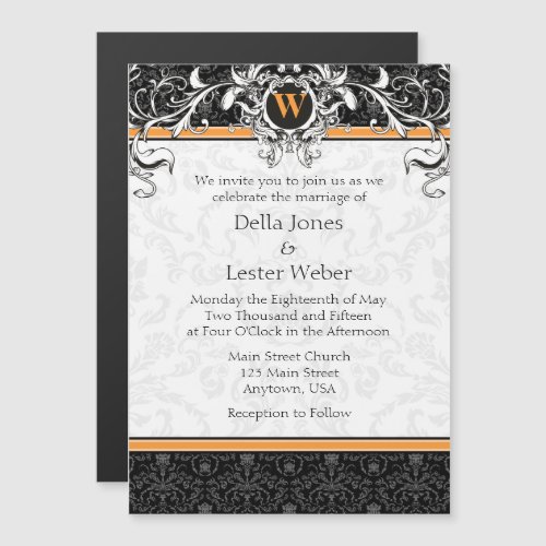Orange Black Monogram Magnetic Wedding Invitation