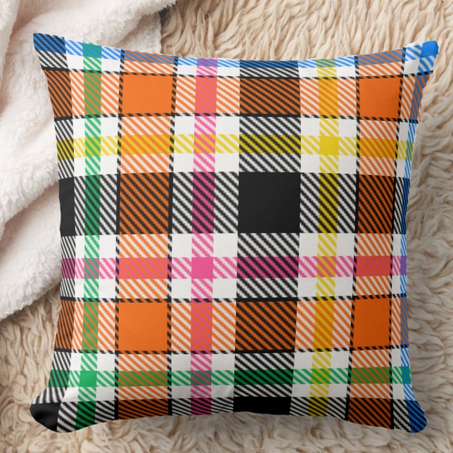 Orange Black Multicolour Flannel Plaid Tartan Throw Pillow (Creator Uploaded)