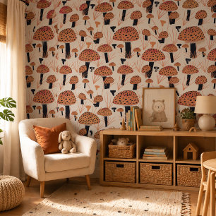 Orange Black Mushroom Hand Drawn Pattern Wallpaper