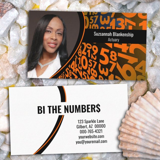 Orange Black Numbers Custom Professional Photo  Business Card (Share you information on this black and orange numbers double-sided custom photo business card. )
