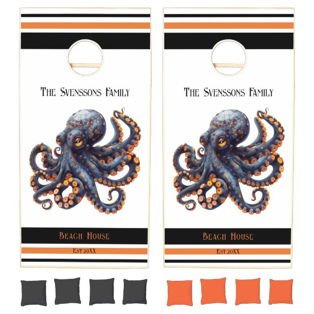 Orange & Black Octopus Family Beach House Est Year Cornhole Set (Set)