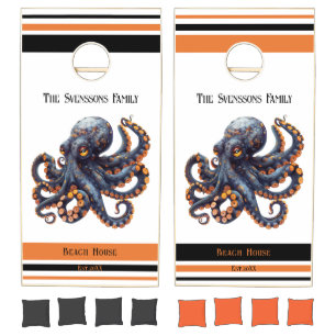 Orange & Black Octopus Family Beach House Est Year Cornhole Set