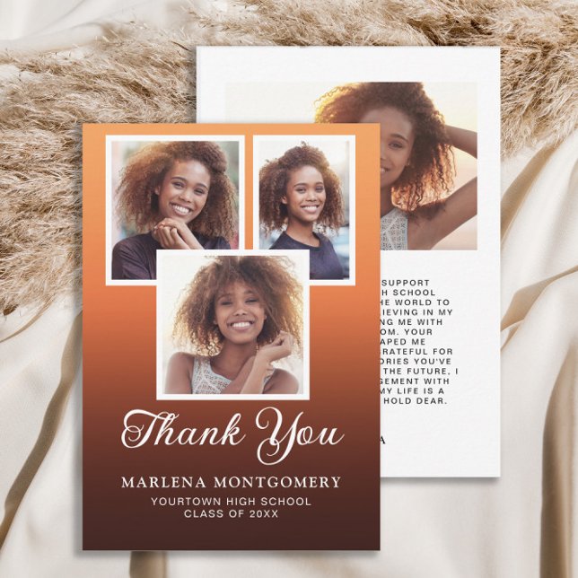 Orange Black Ombre Graduation 4 Photo Thank You  Card (Graduation 4 photo Thank You card.)