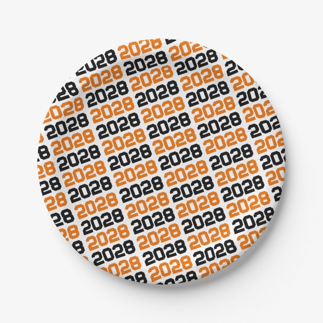 Orange & Black on White Repeating Class Year Paper Plates (Front)
