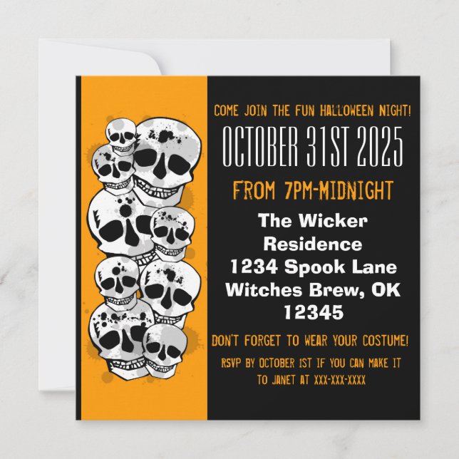 Orange black paint splat skulls Halloween invites (Front)