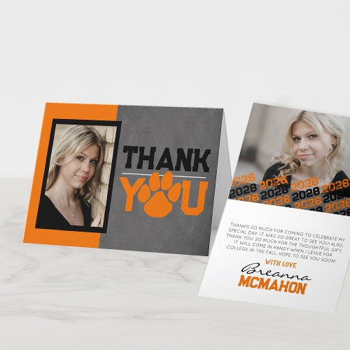 Orange  Black Pawprint Graduation Folding 2 Photo Thank You Card