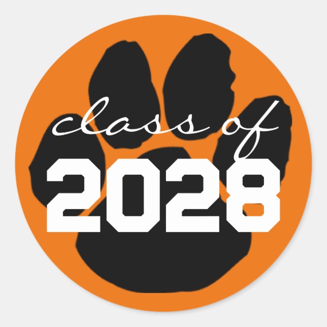 Orange & Black Pawprint Graduation Round Stickers (Front)
