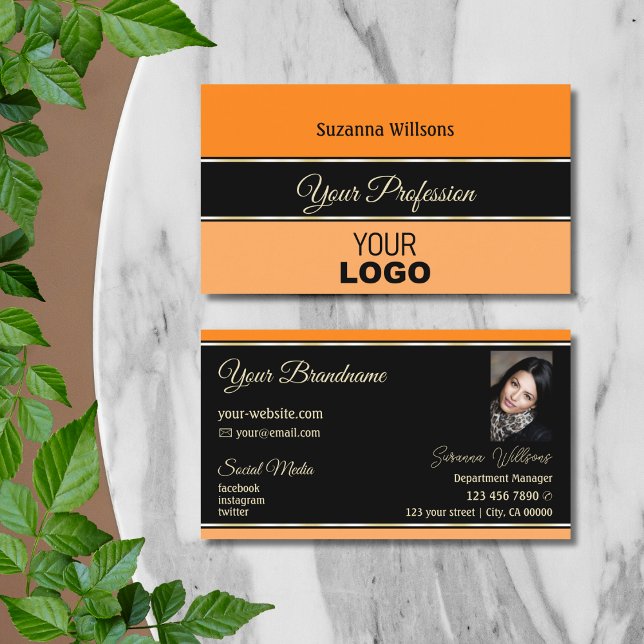 Orange Black Peach Stripes with Logo and Photo Business Card (Creator Uploaded)