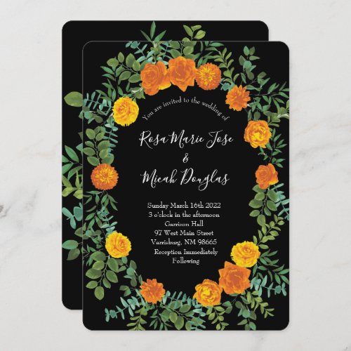 Orange Black Peony Rose Floral Wedding Invitation