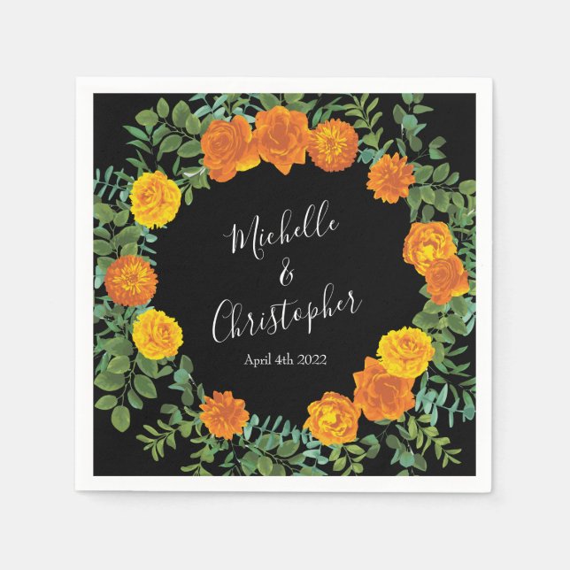Orange Black Peony & Rose Floral Wedding Napkins (Front)