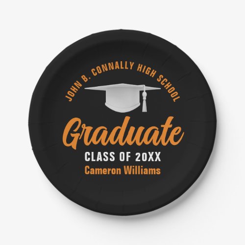 Orange Black Personalized 2024 Graduation Party Paper Plates