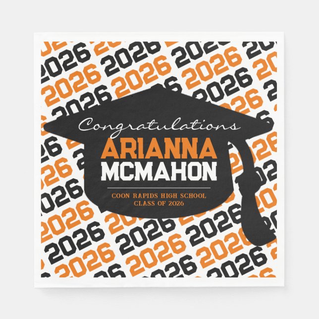 Orange & Black Personalized Graduation Cap Paper Napkins (Front)
