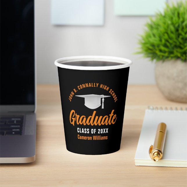 Orange Black Personalized Graduation Party Paper Cups (Insitu)