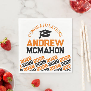 Orange & Black Personalized Graduation Party Paper Napkins