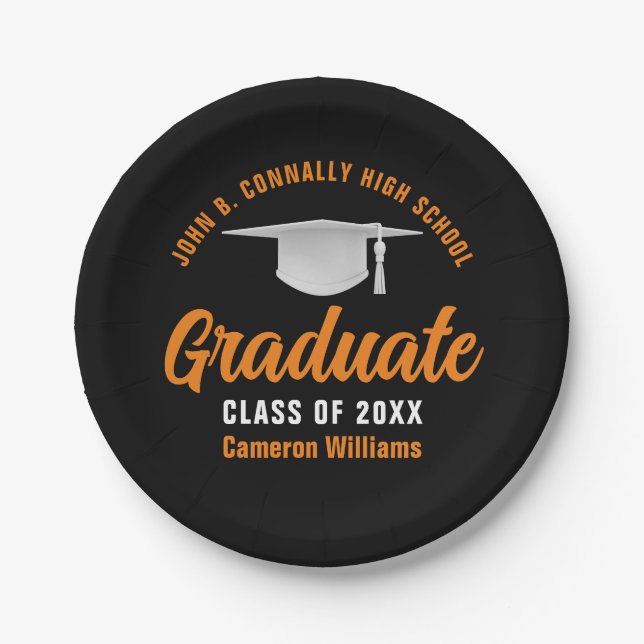 Orange Black Personalized Graduation Party Paper Plates (Front)