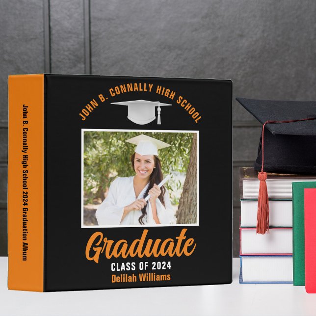 Orange Black Personalized Graduation Photo Album 3 Ring Binder (Creator Uploaded)