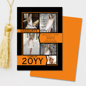 Orange & Black Photo Collage Class of Graduation Announcement