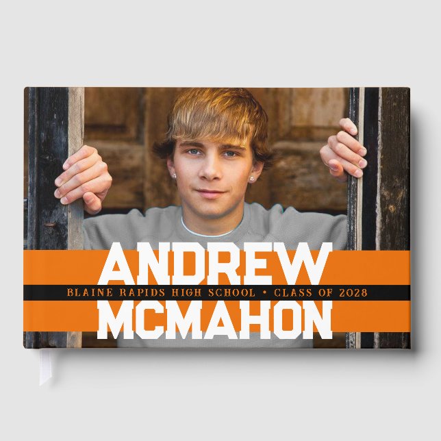 Orange & Black Photo Graduation Personalized Guest Book (Front)