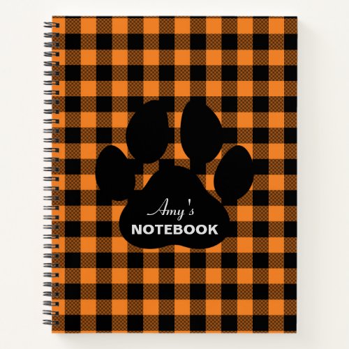 Orange Black Plaid Paw Print Notebook Journal