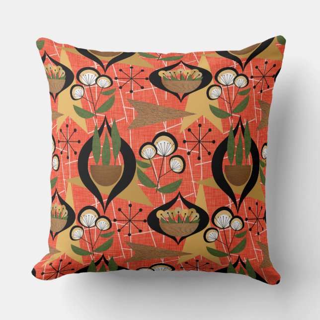 Orange, Black, Plants | Atomic | Mid-Century Throw Pillow (Front)