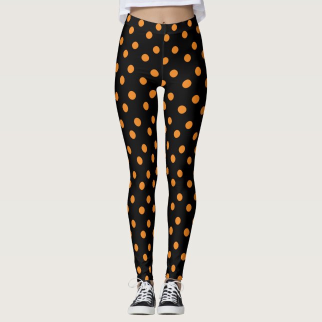 Orange & Black Polka Dot Halloween Themed Leggings (Front)
