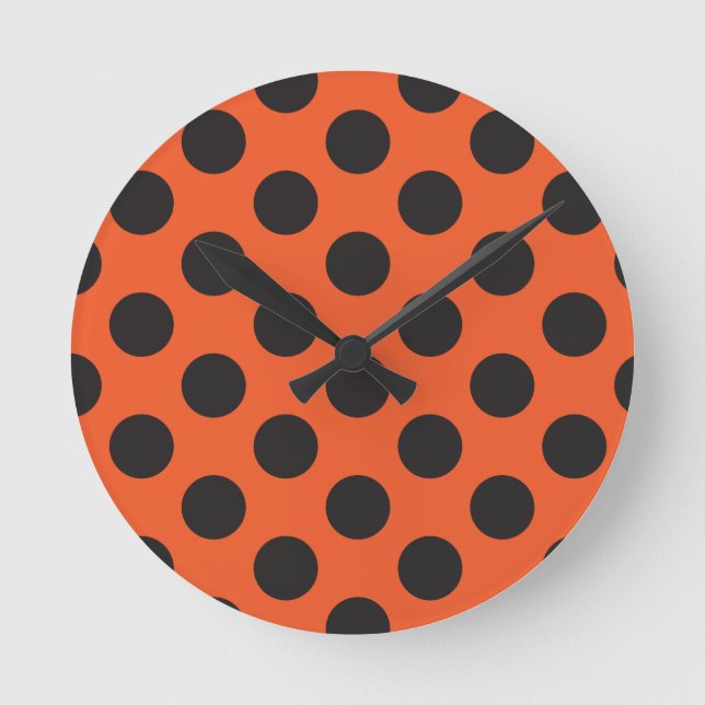 Orange + Black polka dot pattern modern bug Round Clock (Front)