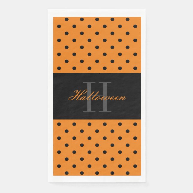 Orange black polka dots custom monogram Halloween Paper Guest Towels (Front)