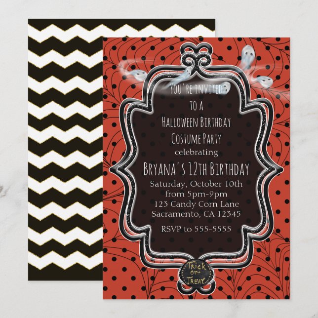 Orange & Black Polka Dots Whimsical Halloween Invitation (Front/Back)