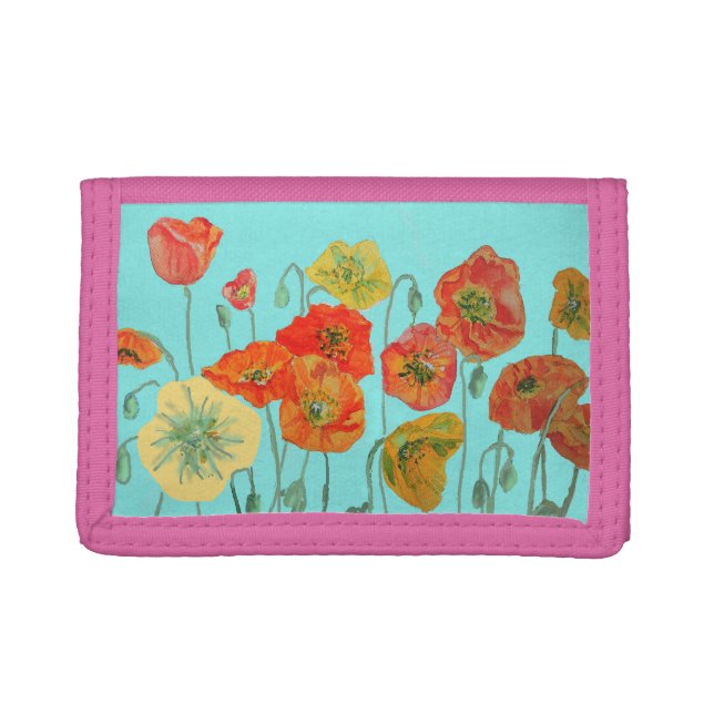Orange & Black Poppies Watercolor Art Wallet Aqua (Front)