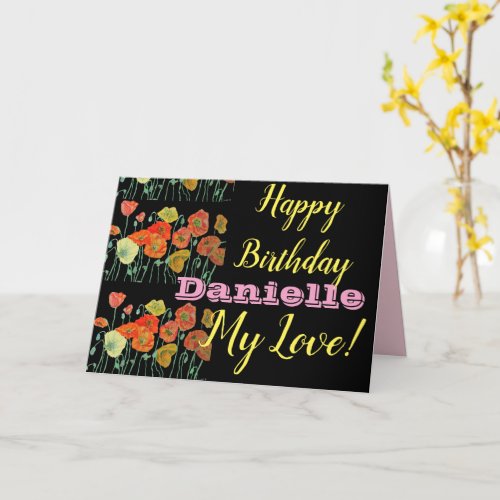 Orange Black Poppy Happy Birthday Ladies Name Card